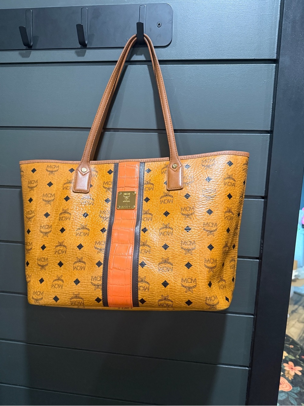 MCM Cognac Limited Edition Logo Tote with Orange Stripe